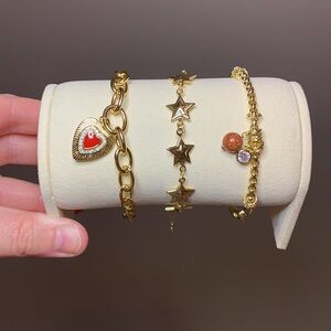 3 Piece Set Pretty Bird Real Gold Plated Stars & Hearts Bracelets 7”